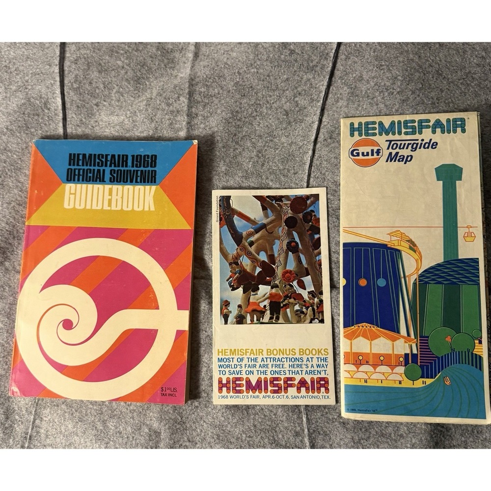 Vintage 1968 Hemisfair tour guide map, pamphlet, & guidebook lot